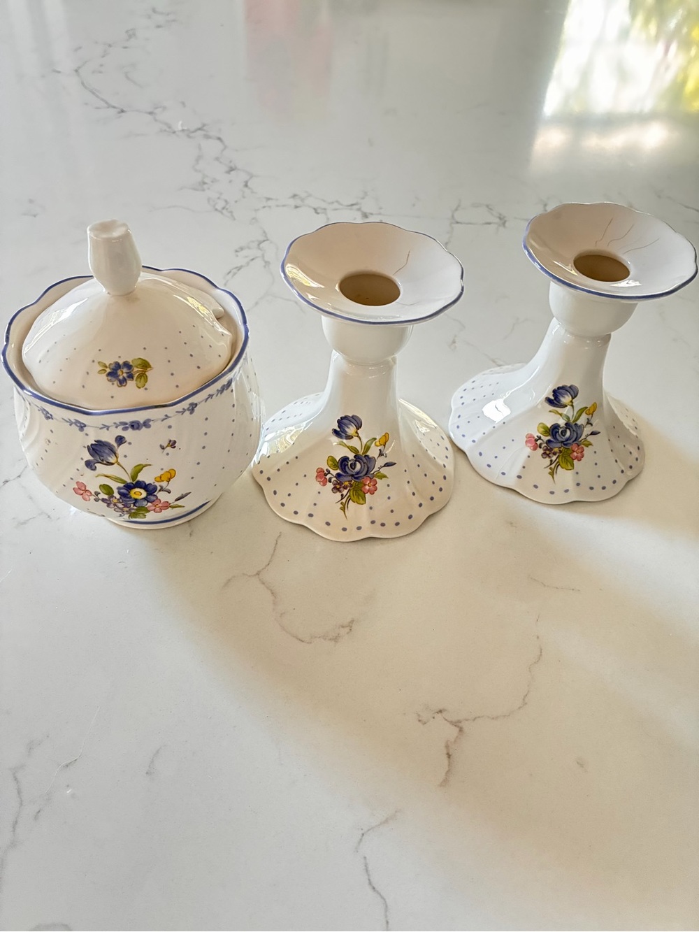 Vintage Nikko Tableware Japan "Blue Peony" #851 3-Pieces Candlesticks & Jam Pot